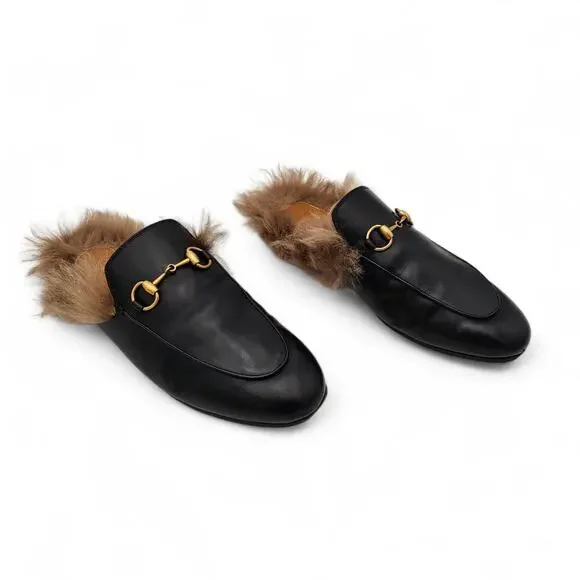 Gucci Princetown Horsebit Fur Lined Flat Mule Black Leather Size 37.5 US 7.5 - Picture 5 of 11